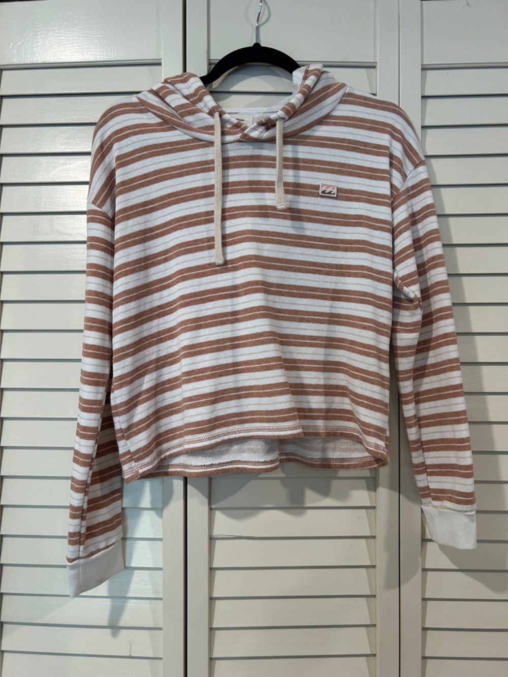 Billabong White and Brown Striped Hooded Top Size Small